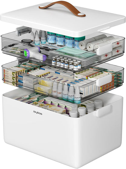 White three-tier portable medicine organizer with carry handle