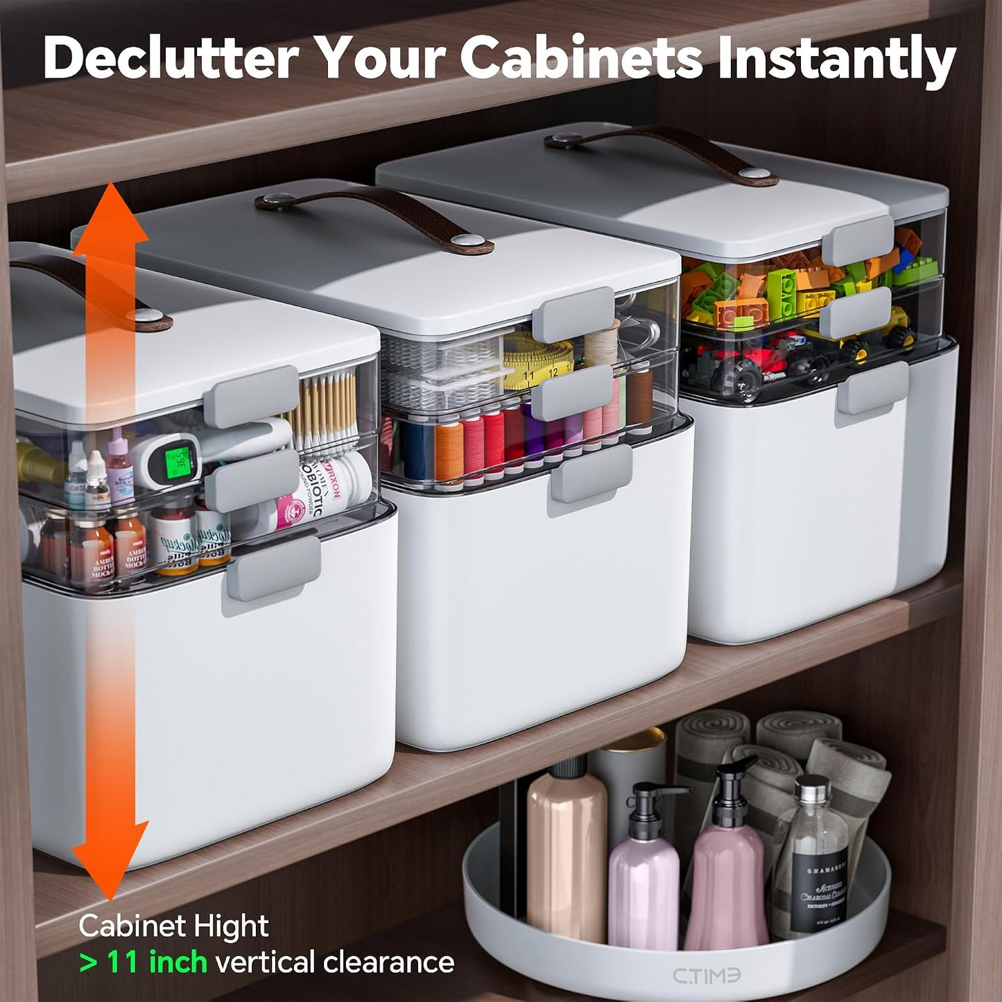 Three separated medicine organizer storage tiers