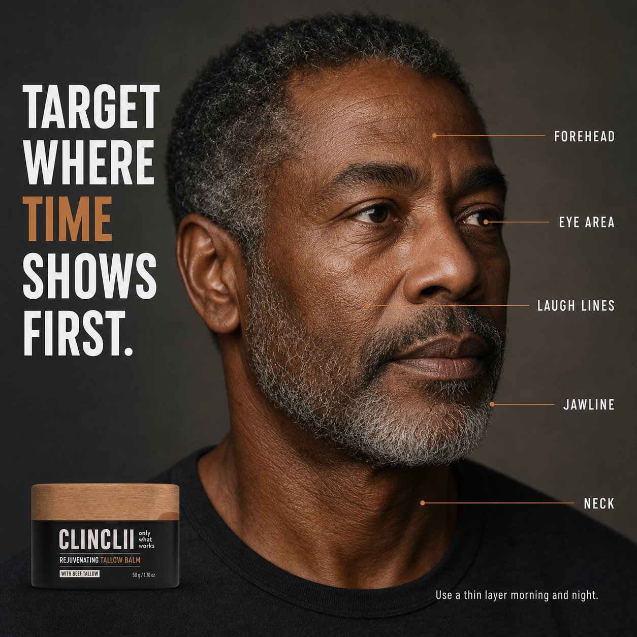 Men's face and neck CLINCLII Tallow Balm application zones