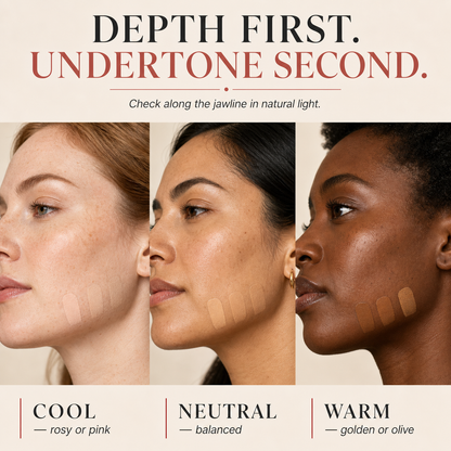 Cool neutral and warm foundation undertone guide across three skin depths