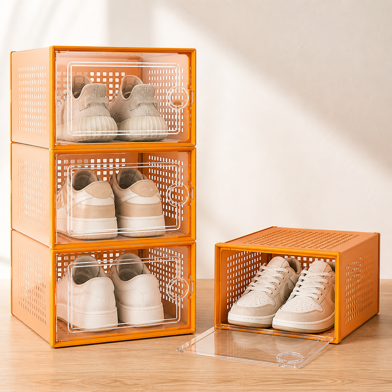 Orange-framed shoe boxes showing stacking and front-door access