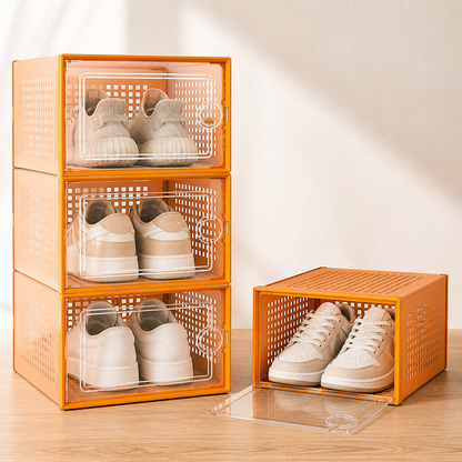 Orange-framed shoe boxes showing stacking and front-door access
