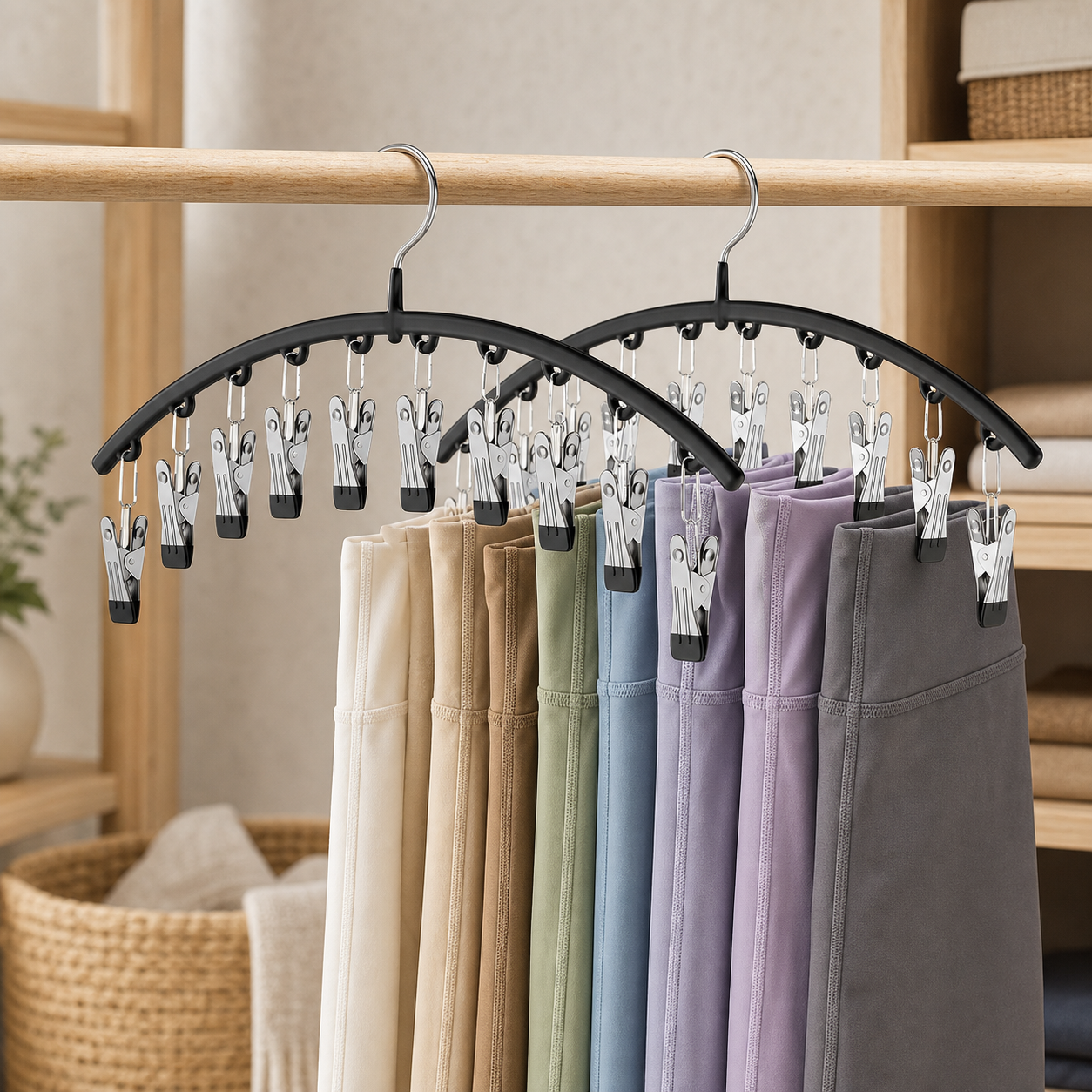 Cumya Home two-pack legging organizer in a warm organized closet