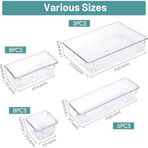 Four bin sizes included in the 25-piece drawer organizer set