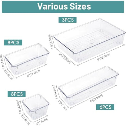 Four bin sizes included in the 25-piece drawer organizer set