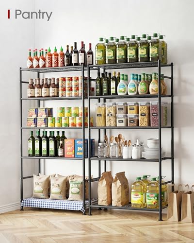 Five-tier black metal storage shelf arranged as a pantry
