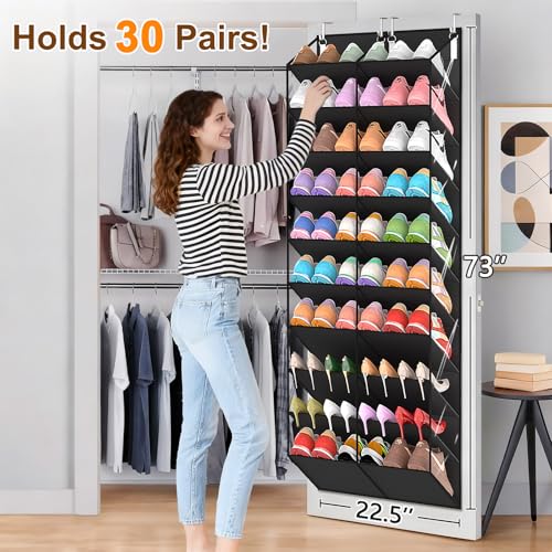 Large over-door shoe organizer used in a bright closet