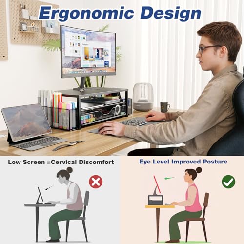 Two-tier monitor stand supporting an ergonomic desk setup