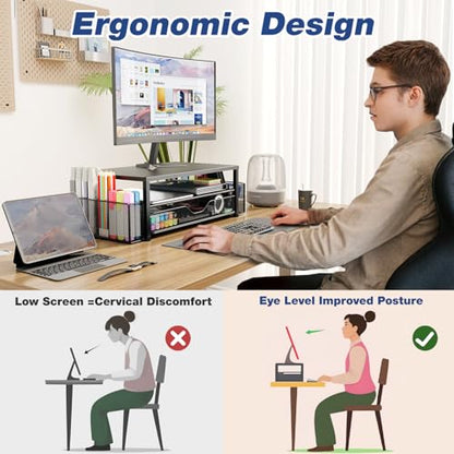 Two-tier monitor stand supporting an ergonomic desk setup