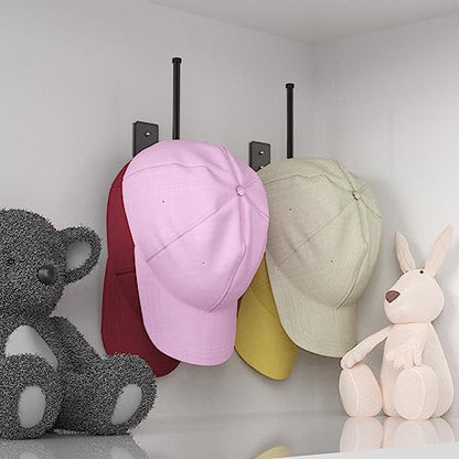 Wall-mounted black hat organizers displaying baseball caps