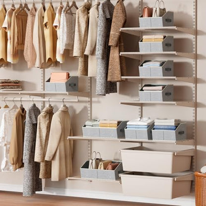 Gray trapezoid fabric bins organizing a closet shelf