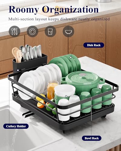 Compact dish rack organizing plates bowls and utensils