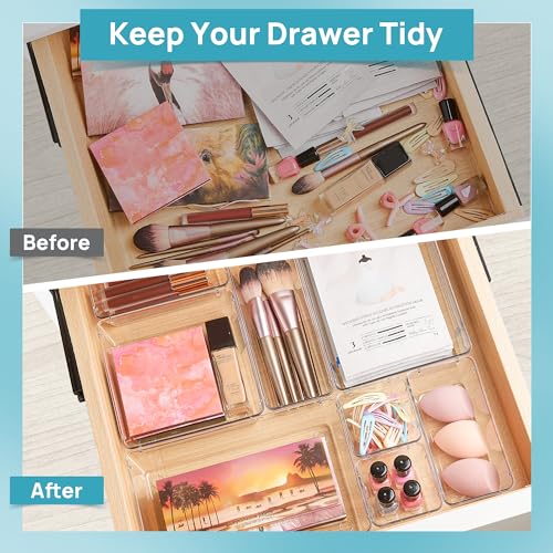 Clear drawer organizer trays arranged around cosmetics in a tidy drawer