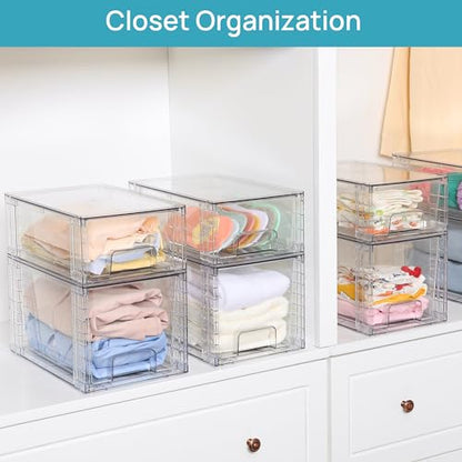 Clear pull-out storage drawers used on closet shelves