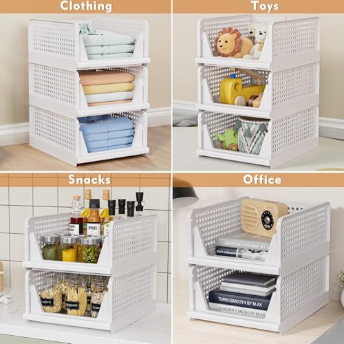 Stackable baskets used for clothing pantry and bathroom storage