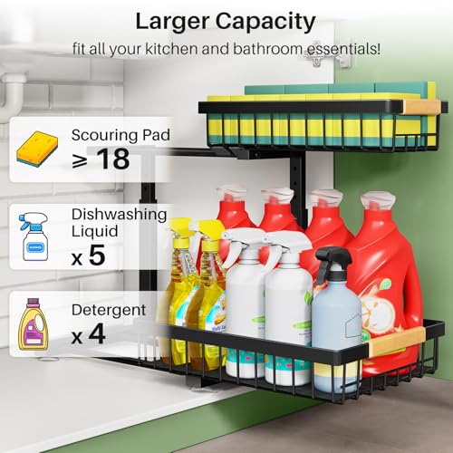 Two-tier metal under-sink organizer holding cleaning supplies