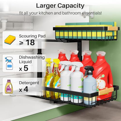 Two-tier metal under-sink organizer holding cleaning supplies