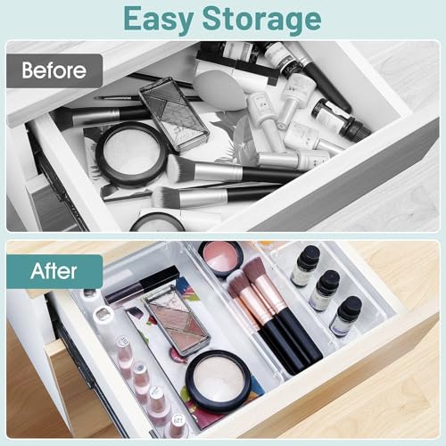 White organizer bins containing cosmetics in a tidy drawer