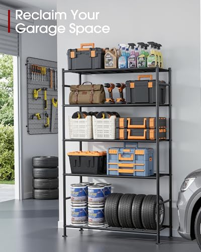 Adjustable metal shelving organizing laundry and utility supplies