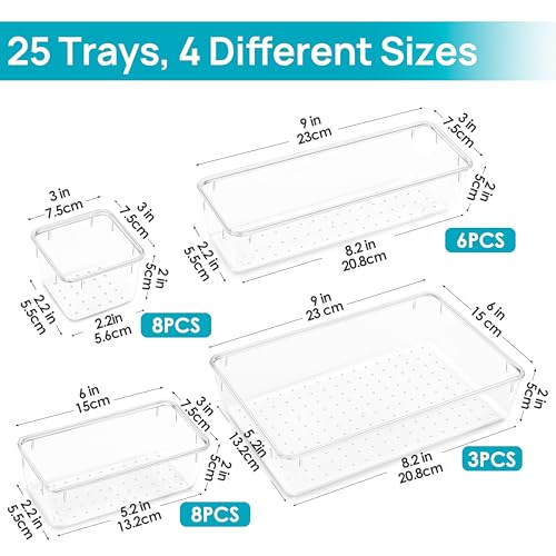 Four sizes included in the clear modular drawer organizer set