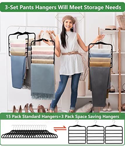 Multi-tier velvet pants hangers organizing jeans and trousers