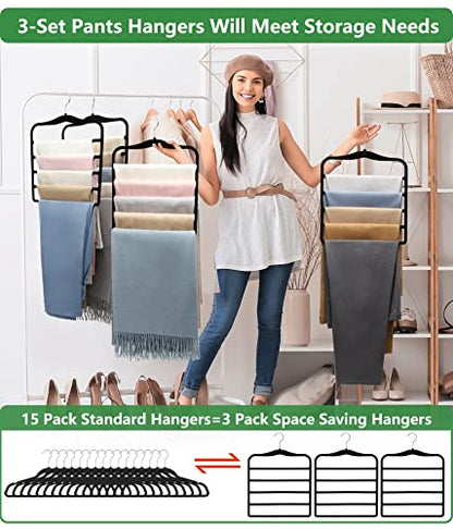 Multi-tier velvet pants hangers organizing jeans and trousers