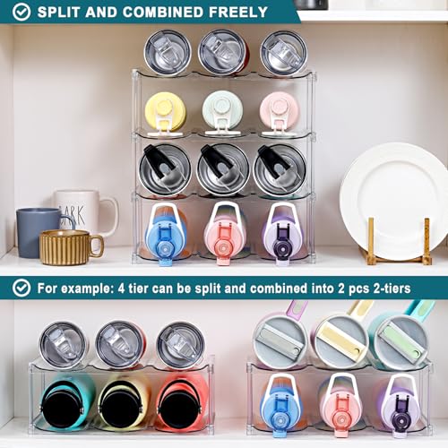 Stackable clear bottle organizer used in cabinet and pantry layouts