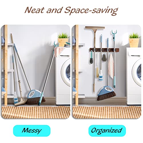 Broom and mop wall holder creating an organized utility area