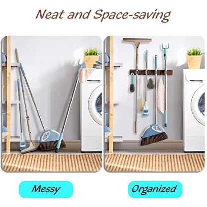 Broom and mop wall holder creating an organized utility area