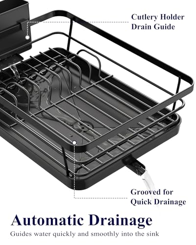 Black stainless-steel dish drying rack with utensil holder