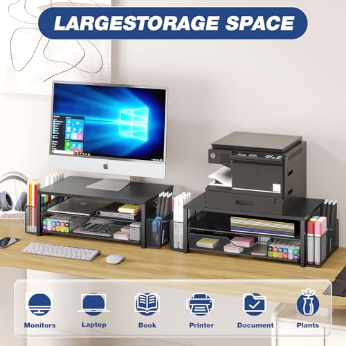 Monitor stand drawer and shelves organizing desk accessories
