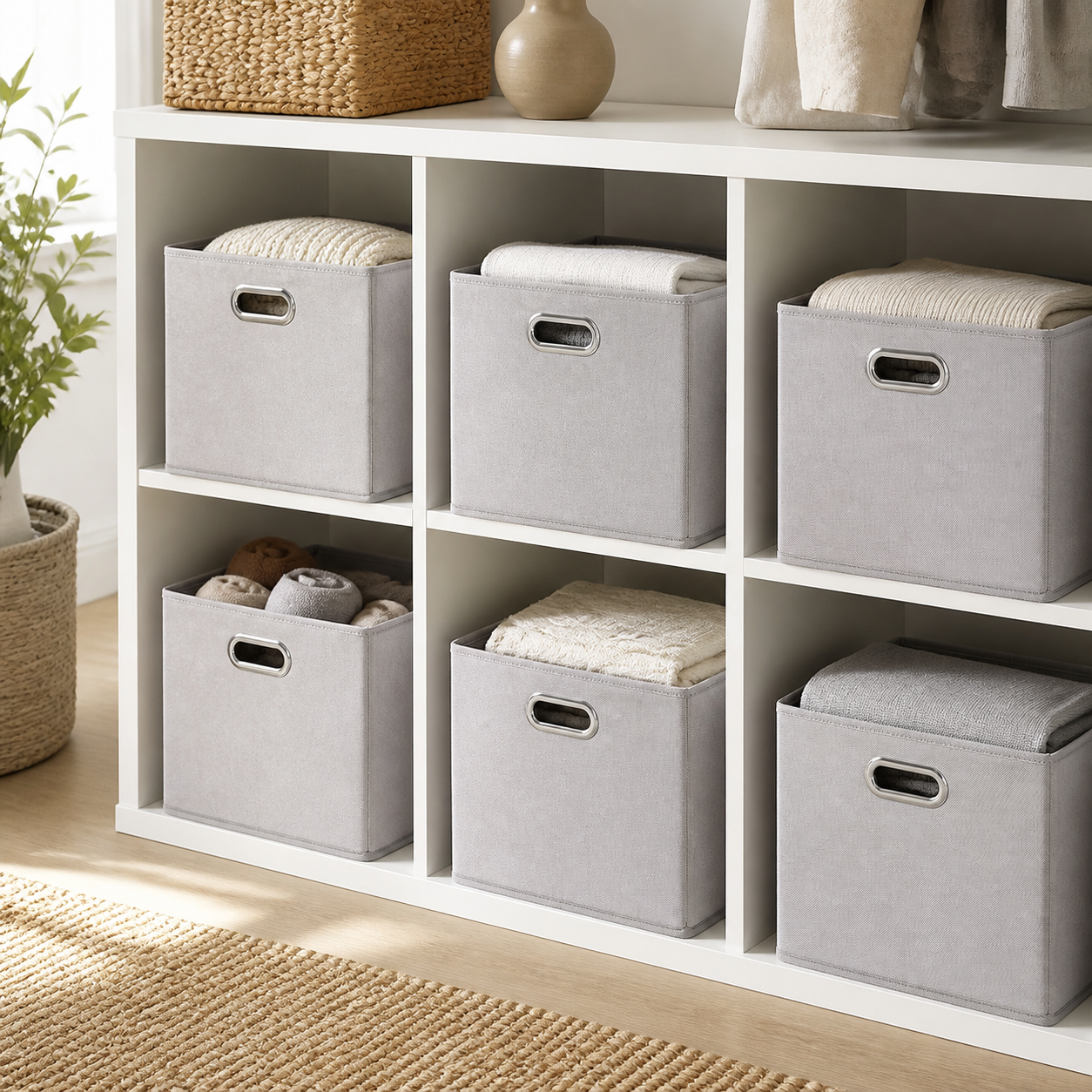 Six light gray fabric storage cubes arranged in white shelving