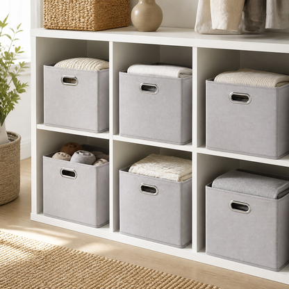 Six light gray fabric storage cubes arranged in white shelving
